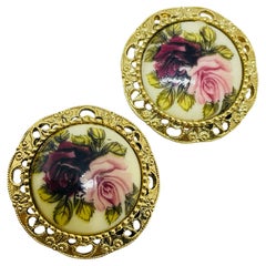 Vintage gold tone porcelain flowers designer clip on earrings