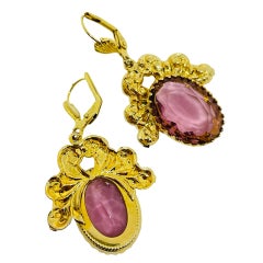 Vintage gold tone purple glass designer dangle earrings