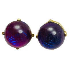 Vintage gold tone purple glass designer screw back earrings