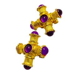 Vintage gold tone purple glass maltese cross designer runway clip on earrings