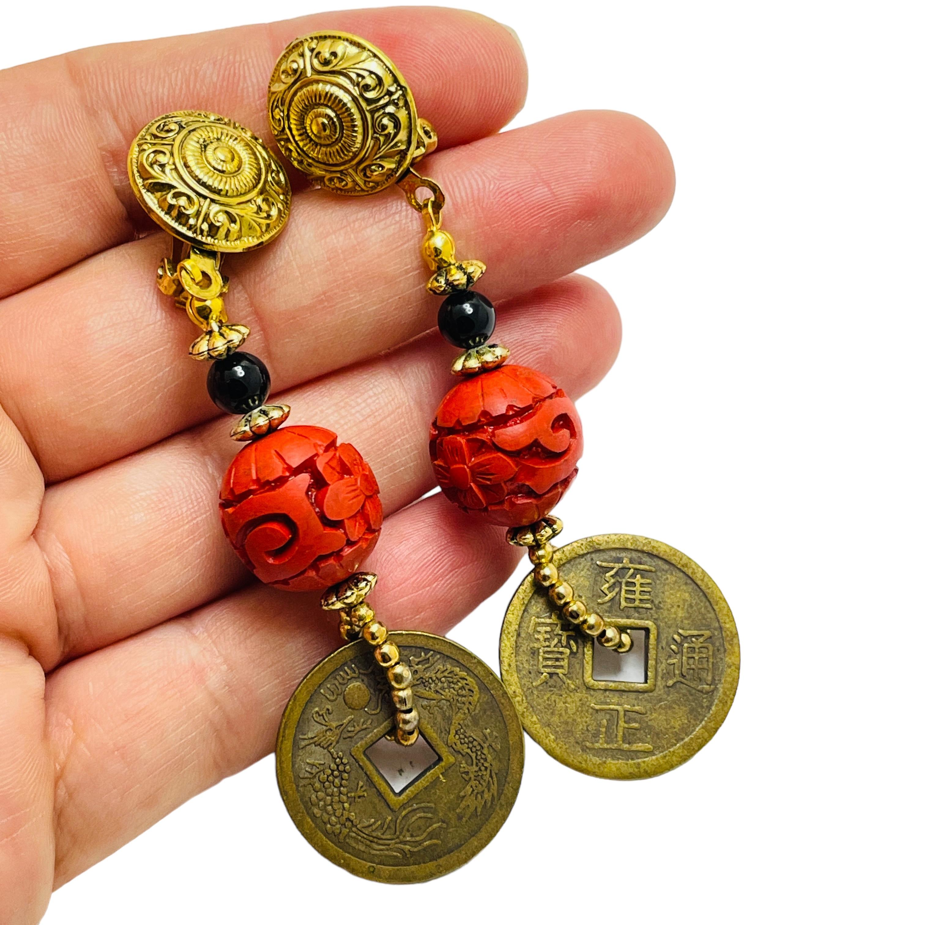 Women's Vintage gold tone red cinnabar coin dangle clip on earrings For Sale