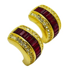 Vintage gold tone red clear rhinestone pierced earrings