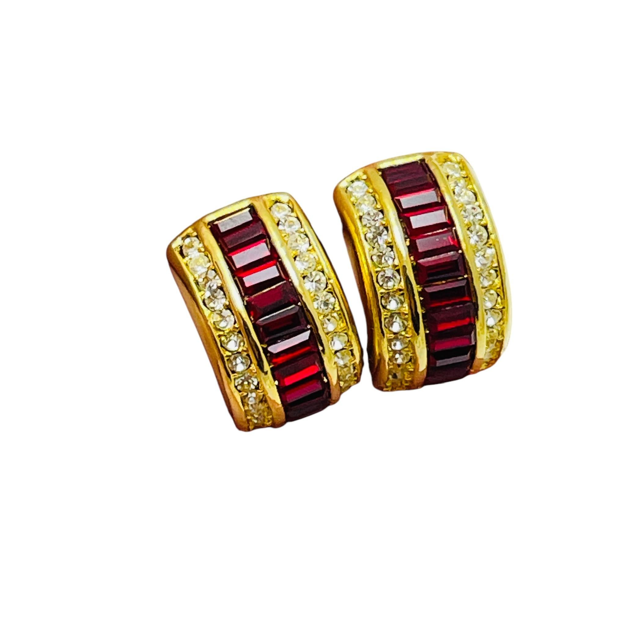 Women's Vintage gold tone red clear rhinestone pierced earrings For Sale