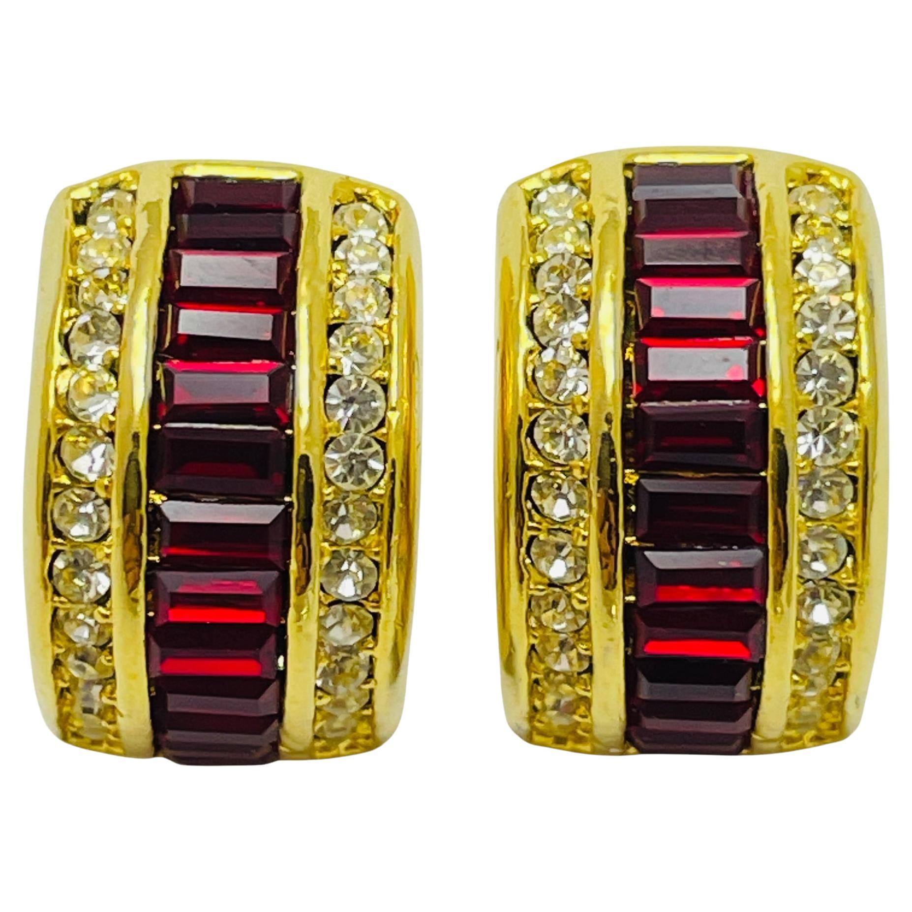 Vintage gold tone red clear rhinestone pierced earrings