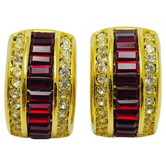Vintage gold tone red clear rhinestone pierced earrings