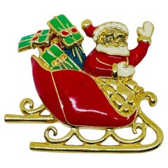 Vintage gold tone red enamel Christmas Santa designer brooch earrings set