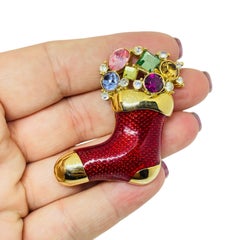 Vintage gold tone red enamel crystals Christmas stocking designer brooch