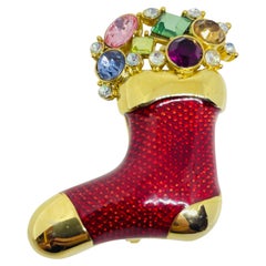 Broche vintage de diseño de media de Navidad con cristales de esmalte rojo en tono dorado