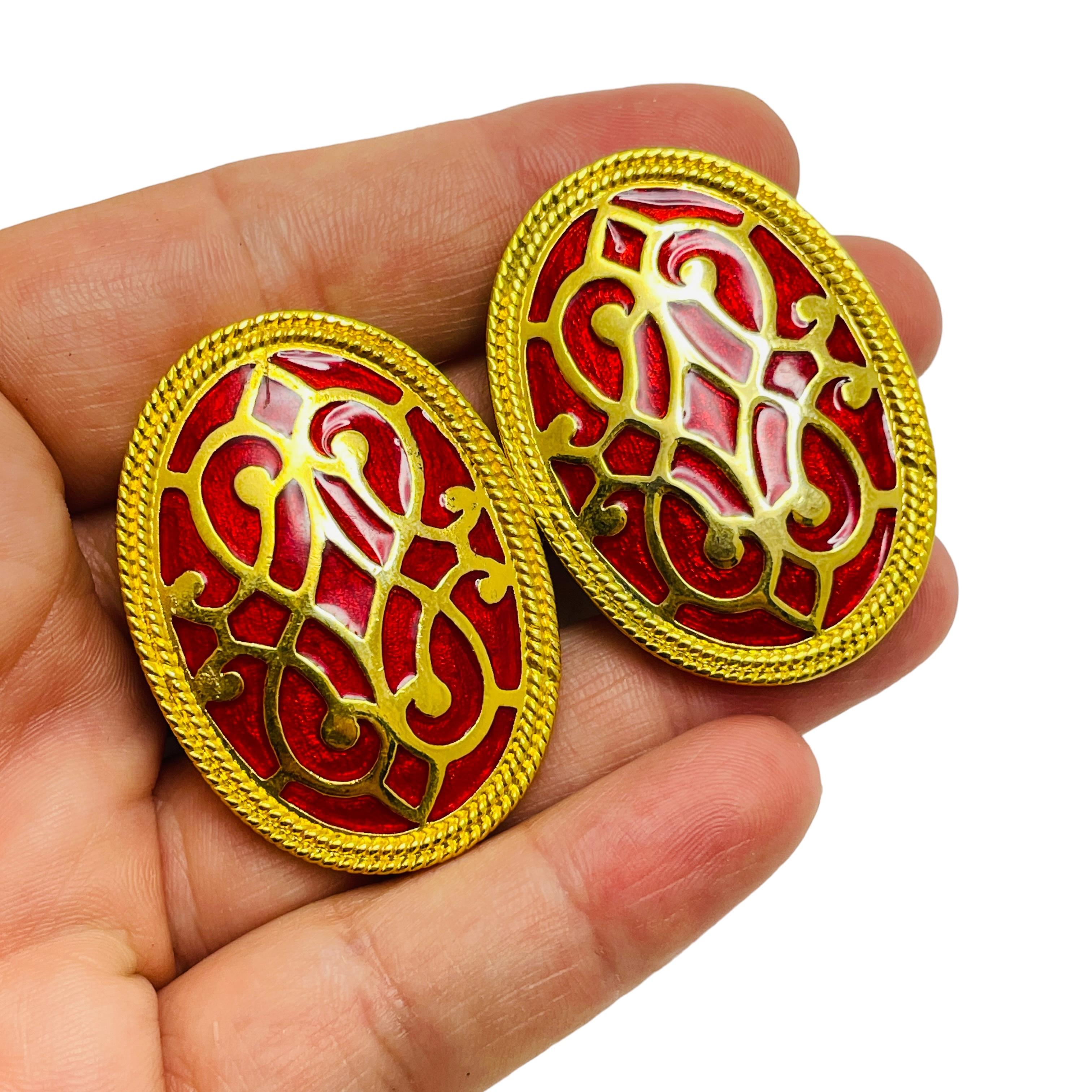 Women's Vintage gold tone red enamel designer clip on earrings For Sale