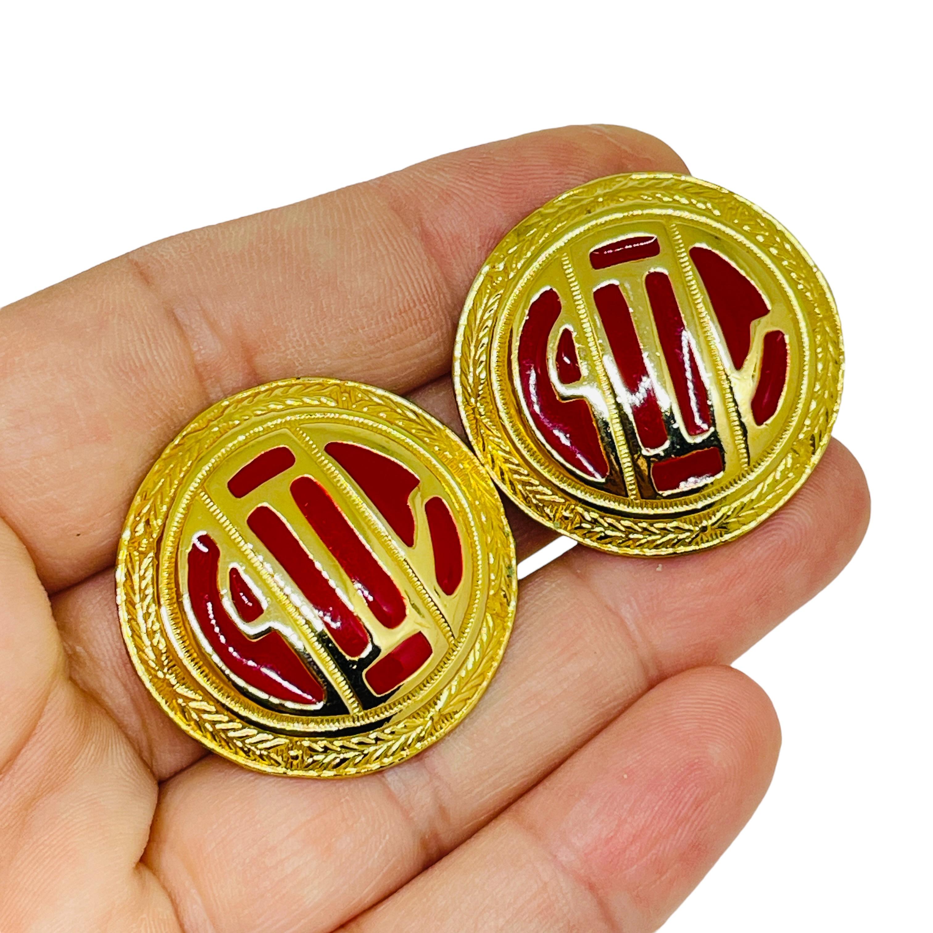 Women's Vintage gold tone red enamel designer clip on earrings For Sale