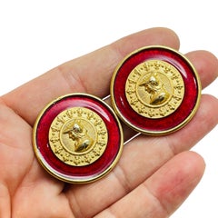 Vintage gold tone red enamel Etruscan massive pierced earrings