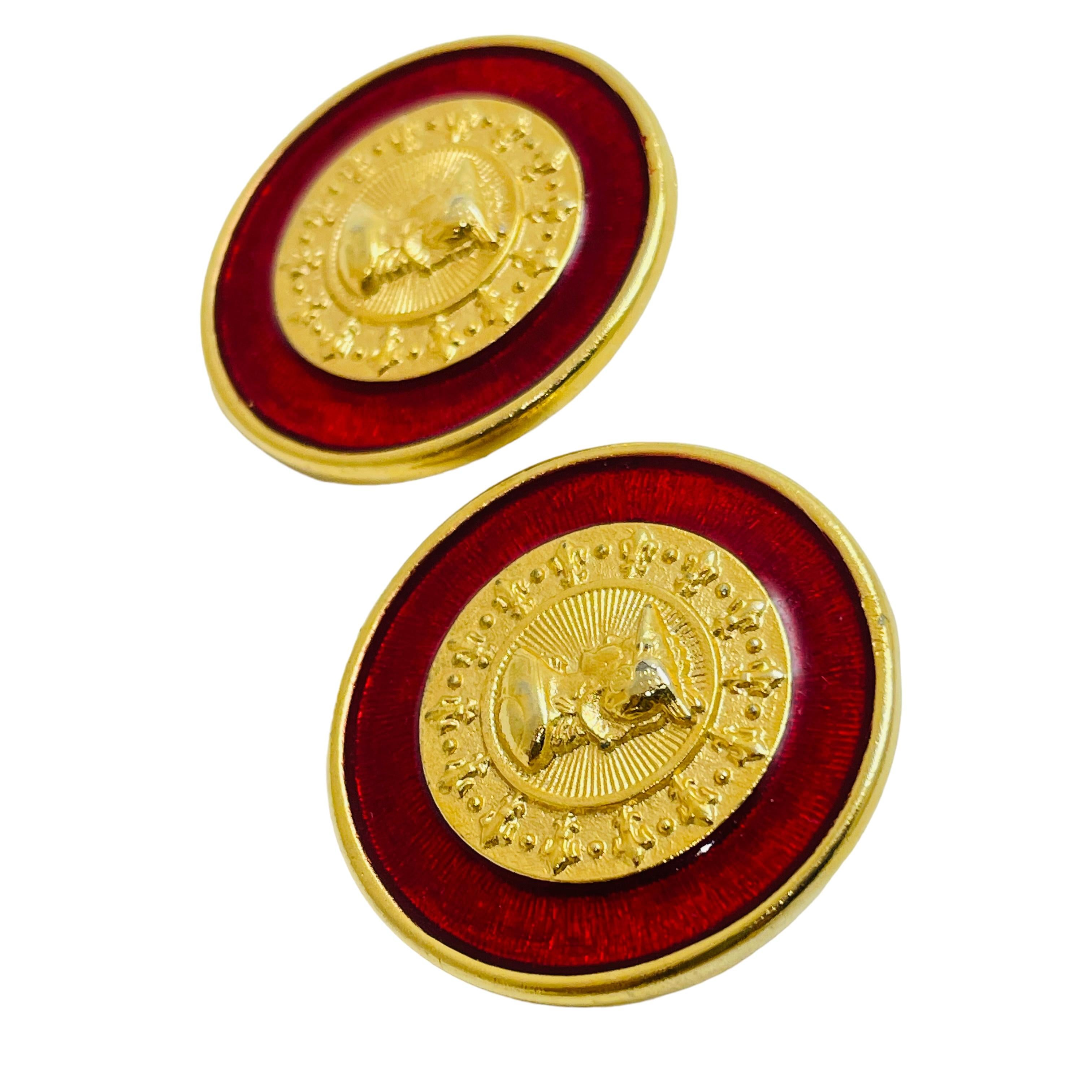 Women's or Men's Vintage gold tone red enamel Etruscan massive pierced earrings For Sale
