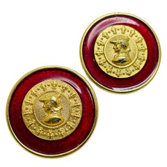 Vintage gold tone red enamel Etruscan massive pierced earrings