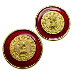 Boucles d'oreilles percées étrusques massives vintage en émail rouge et ton or