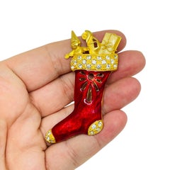 Vintage gold tone red enamel rhinestones Christmas stocking designer brooch