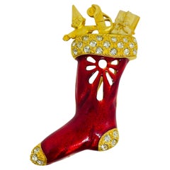 Vintage gold tone red enamel rhinestones Christmas stocking designer brooch Vintage gold tone red enamel rhinestones Christmas stocking designer brooch