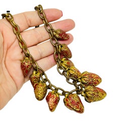 Vintage gold tone red enamel strawberry charms designer chain necklace