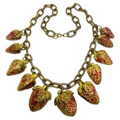 Vintage gold tone red enamel strawberry charms designer chain necklace