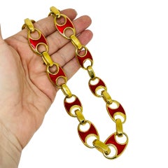 Vintage gold tone red enamel toggle clasp massive chain designer necklace