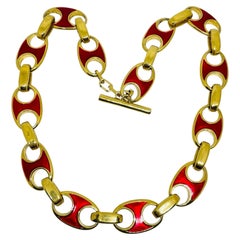 Vintage gold tone red enamel toggle clasp massive chain designer necklace