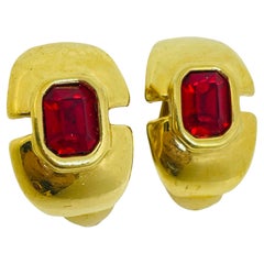 Vintage Gold Ton rot Glas Designer 80er Jahre Clip auf Ohrringe