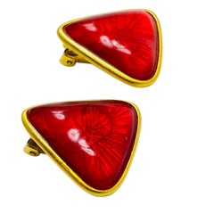 Vintage gold tone red glass designer runway clip on earrings