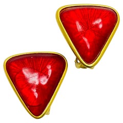 Vintage gold tone red glass designer runway clip on earrings