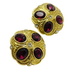 Vintage gold tone red glass designer runway earrings