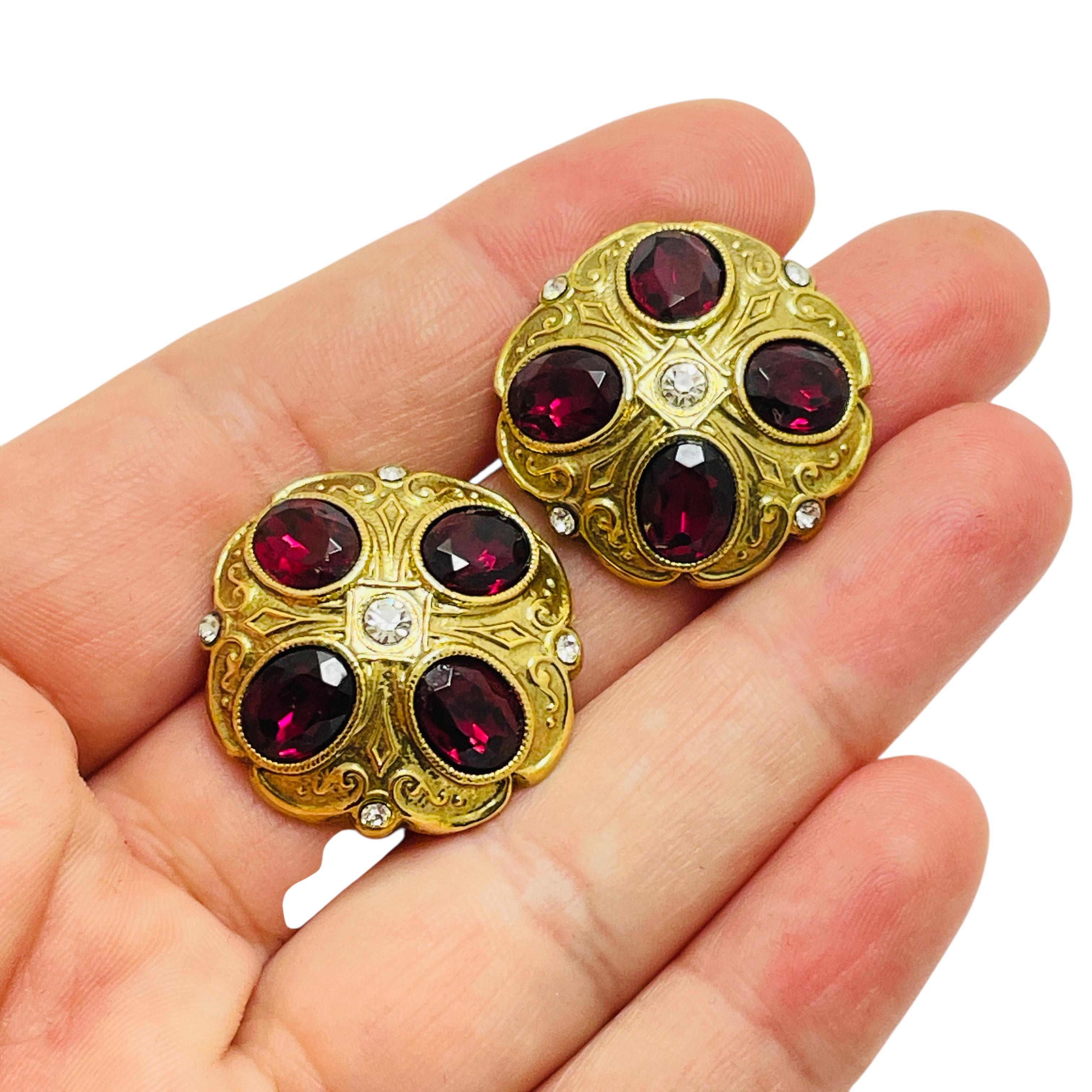 Women's Vintage gold tone red glass designer runway earrings For Sale