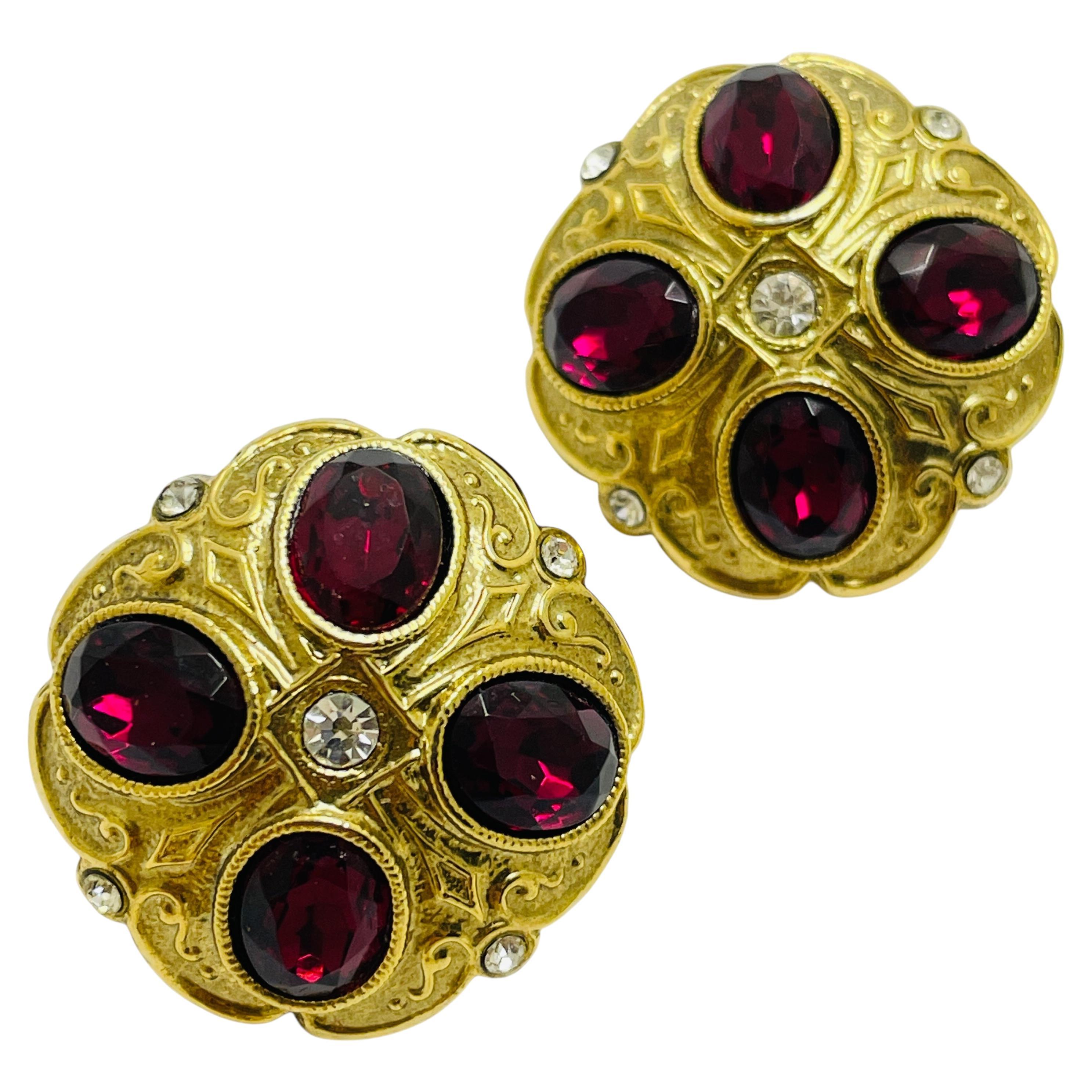 Vintage gold tone red glass designer runway earrings For Sale