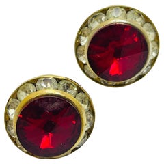 Vintage gold tone red glass pierced earrings