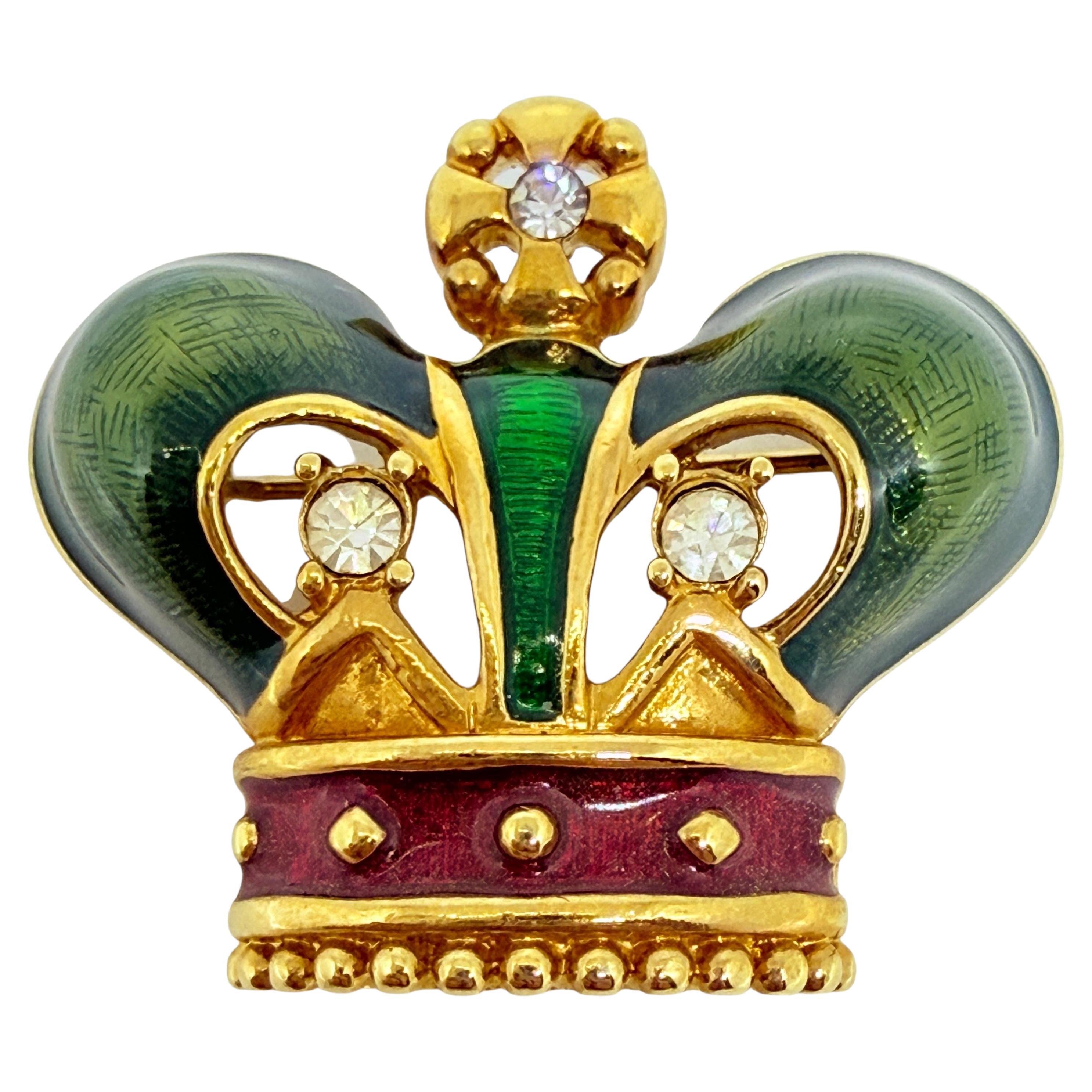Vintage Gold Ton rot grün Emaille Strass Königskrone Designer Brosche