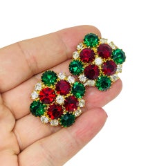 Vintage gold tone red green jewel rhinestones massive designer clip earrings