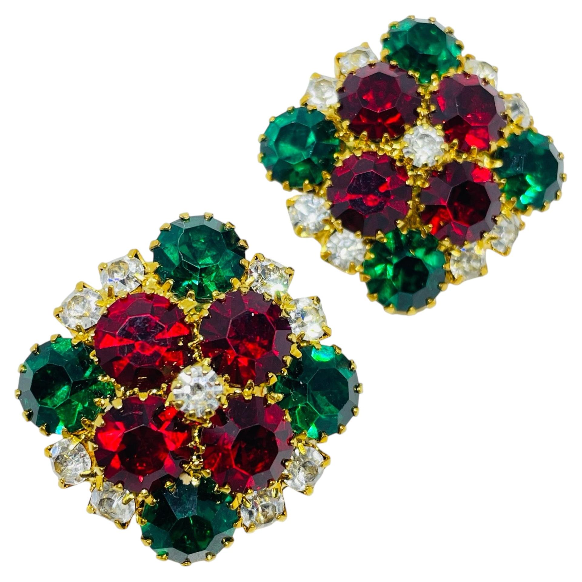 Vintage gold tone red green jewel rhinestones massive designer clip earrings
