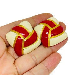 vintage gold tone red off white enamel designer clip on earrings