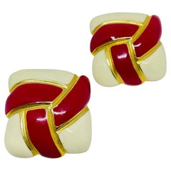 vintage gold tone red off white enamel designer clip on earrings