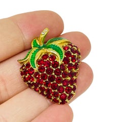Vintage gold tone red rhinestone enamel strawberry designer brooch