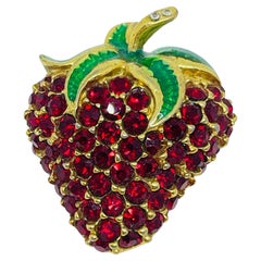 Vintage gold tone red rhinestone enamel strawberry designer brooch