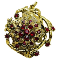 Vintage gold tone red rhinestones flower designer brooch