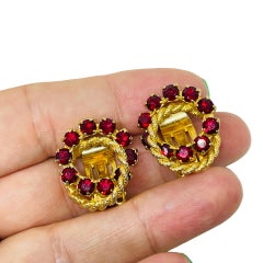 Vintage gold tone red rhinestones small designer clip on earrings