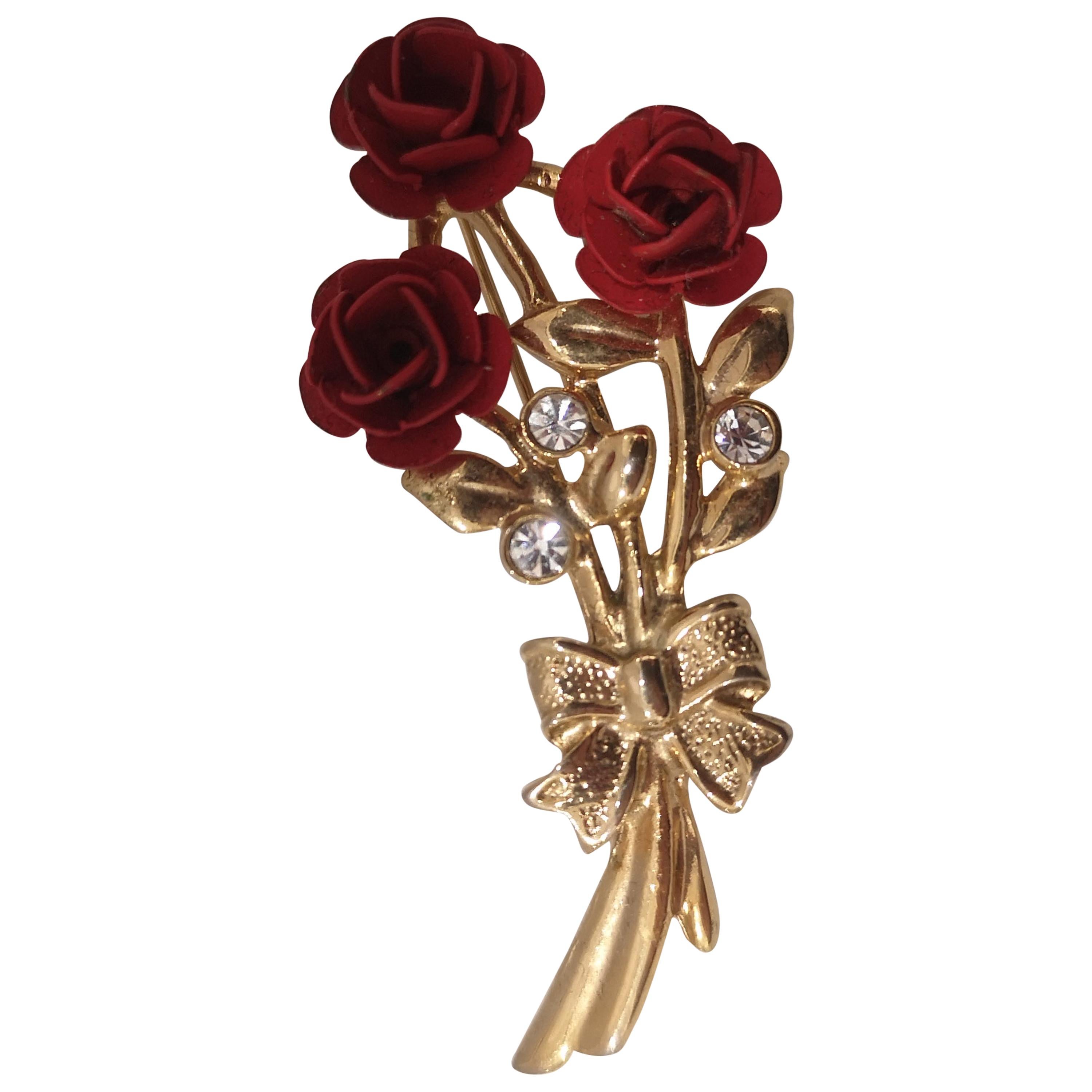 Vintage gold tone red roses brooch