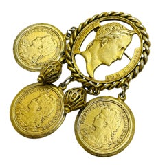 Vintage gold tone Republique Francaise dangle coin designer brooch