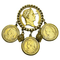 Vintage gold tone Republique Francaise dangle coin designer brooch