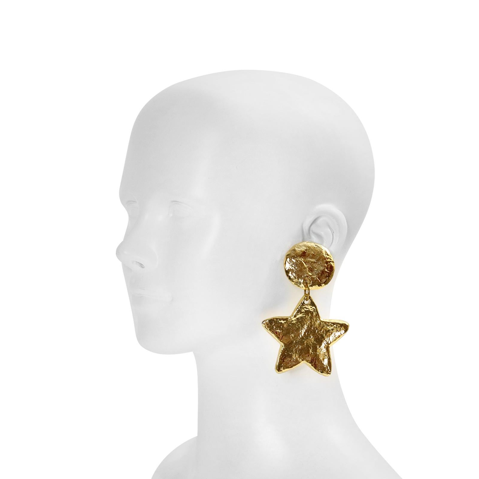 Vintage Large Gold Tone Resin Dangling Star Earrings.  3.5