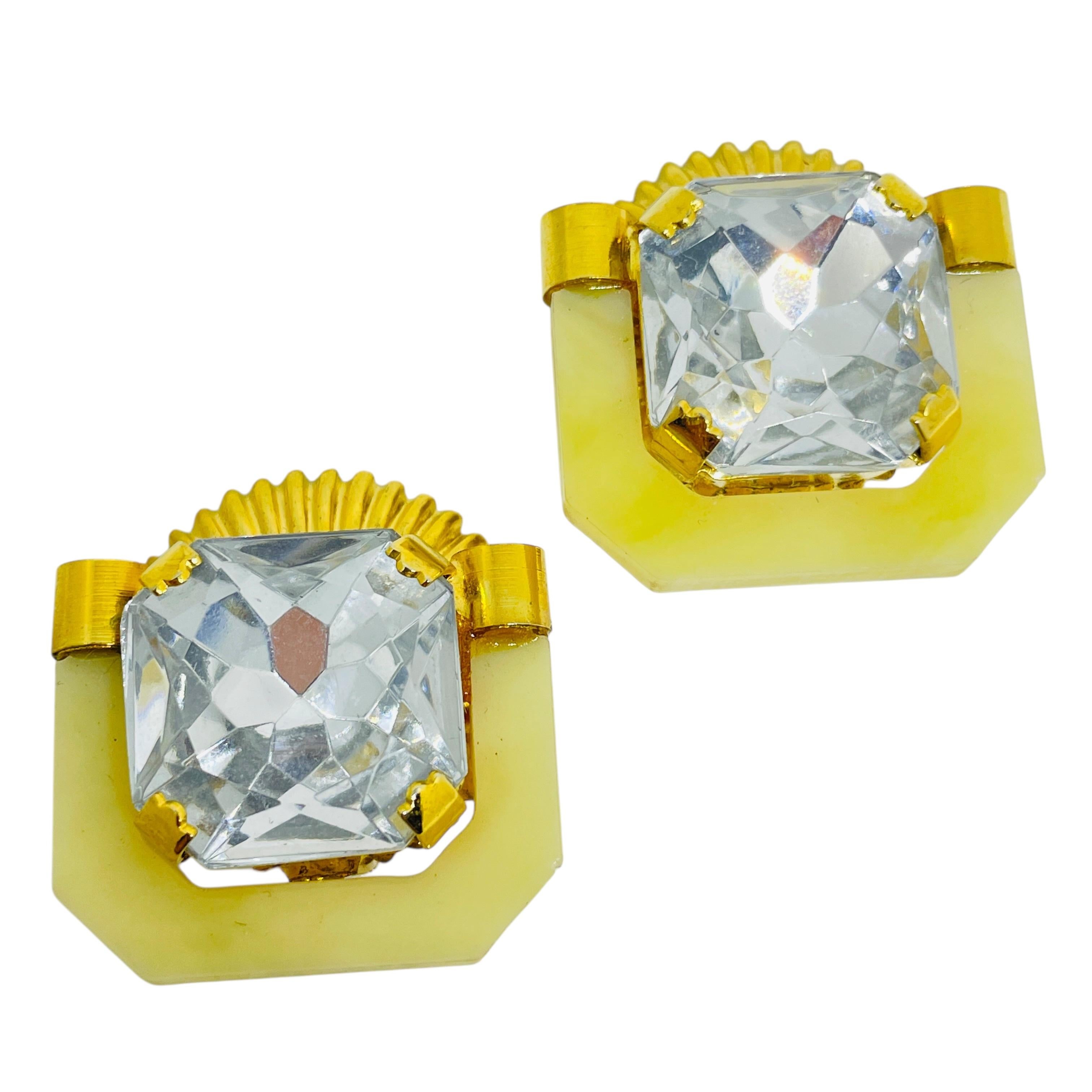 Vintage Gold Ton Harz Glas Europäischen Designer Clip auf Ohrringe im Angebot 1