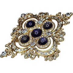 Vintage Gold Tone Rhinestone and Blue Glass Cabochon Brooch