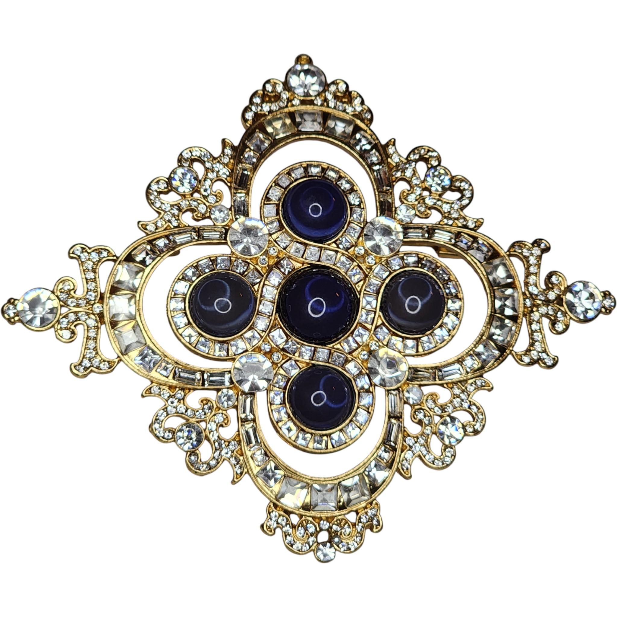 Vintage Gold Tone Rhinestone and Blue Glass Cabochon Brooch