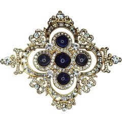 Vintage Gold Tone Rhinestone and Blue Glass Cabochon Brooch