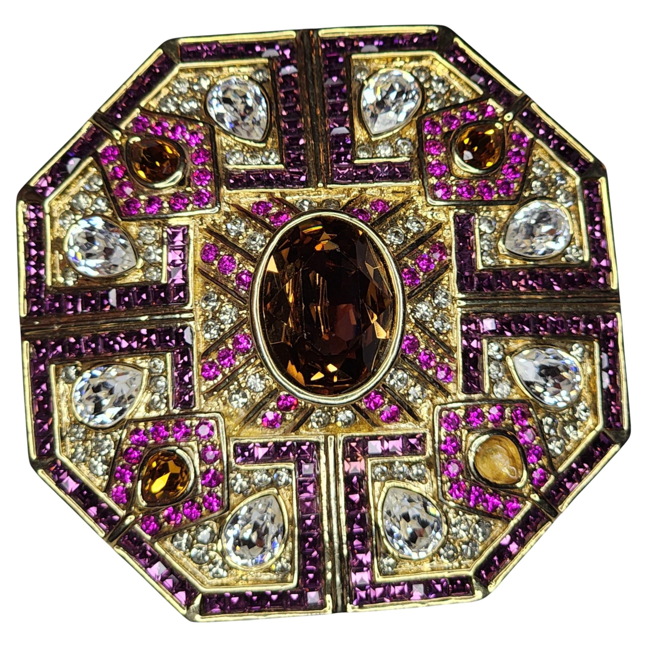 Vintage Gold Tone Rhinestone and Glass Octagonal Brooch