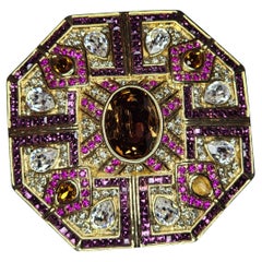 Vintage Gold Tone Rhinestone and Glass Octagonal Brooch